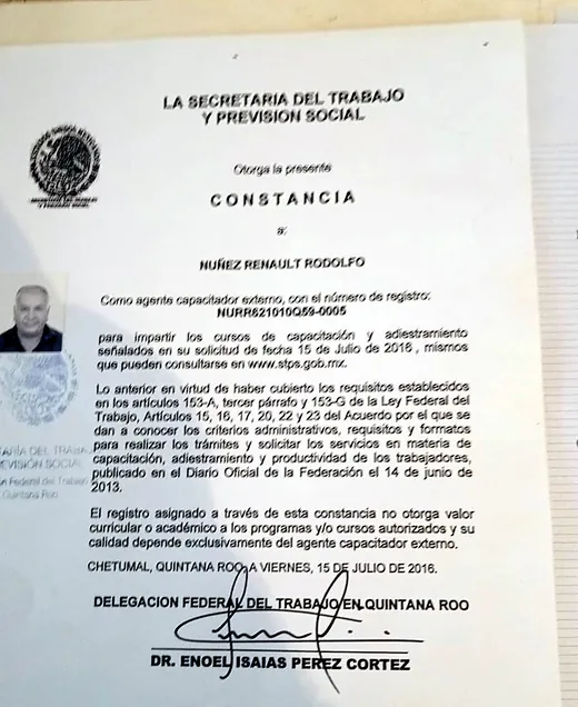 Constancia de la STPS que registra a Rodolfo Núñez Renault como agente capacitador externo